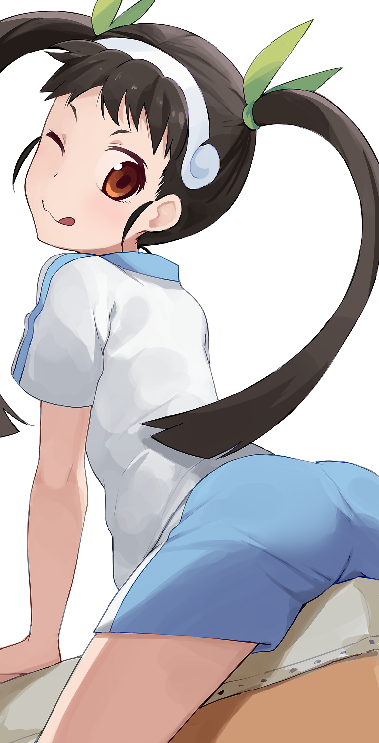 1girl ;q ass bakemonogatari black_hair blue_shorts from_behind hachikuji_mayoi highres hiroki_(yyqw7151) monogatari_(series) one_eye_closed short_sleeves shorts simple_background solo thighs tongue tongue_out twintails white_background