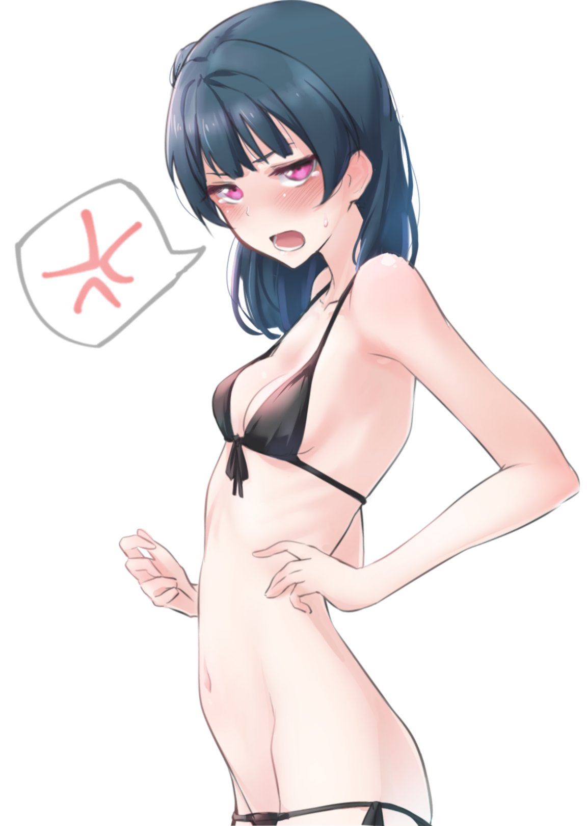 1girl anger_vein bikini black_bikini blush breasts cowboy_shot embarrassed from_side hair_bun highres looking_at_viewer looking_to_the_side love_live! love_live!_sunshine!! lowleg lowleg_bikini medium_hair nasuno_(nasuno42) open_mouth side-tie_bikini simple_background skinny small_breasts solo spoken_anger_vein sweat swimsuit tsushima_yoshiko white_background