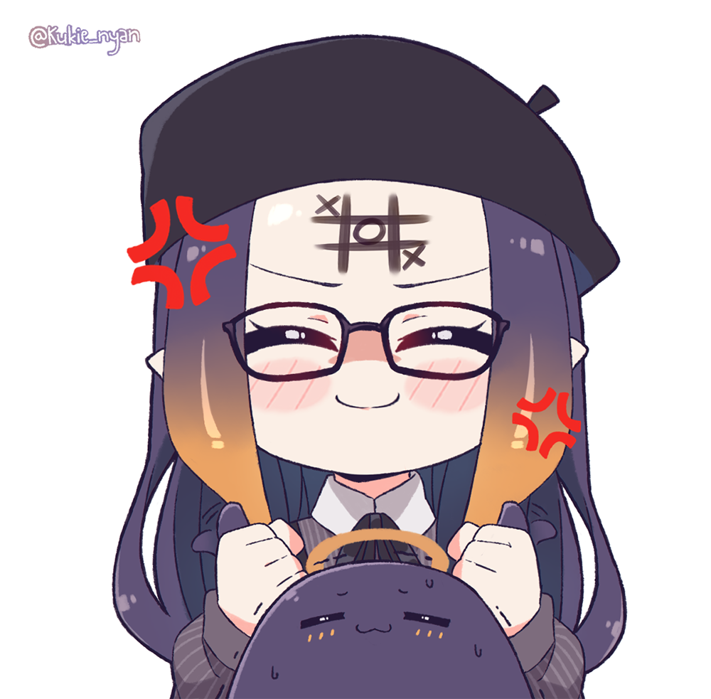 1girl anger_vein angry black_hair black_headwear black_neckwear blush_stickers chibi closed_eyes commentary creature english_commentary facepaint flat_cap forehead gradient_hair grey_shirt hat hololive hololive_english kukie-nyan long_hair long_sleeves multicolored_hair ninomae_ina'nis orange_hair pinstripe_pattern pinstripe_shirt puffy_long_sleeves puffy_sleeves shirt sidelocks sideways_hat simple_background smile solo striped sweat sweating_profusely tako_(ninomae_ina'nis) tic-tac-toe twitter_username virtual_youtuber white_background