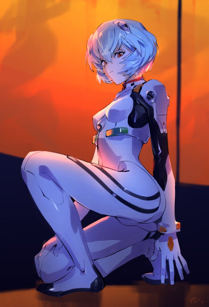 1girl ayanami_rei blue_hair bodysuit breasts hair_between_eyes kneeling looking_at_viewer looking_down neon_genesis_evangelion one_knee open_hand optionaltypo pilot_suit plugsuit red_eyes short_hair skin_tight small_breasts solo white_bodysuit