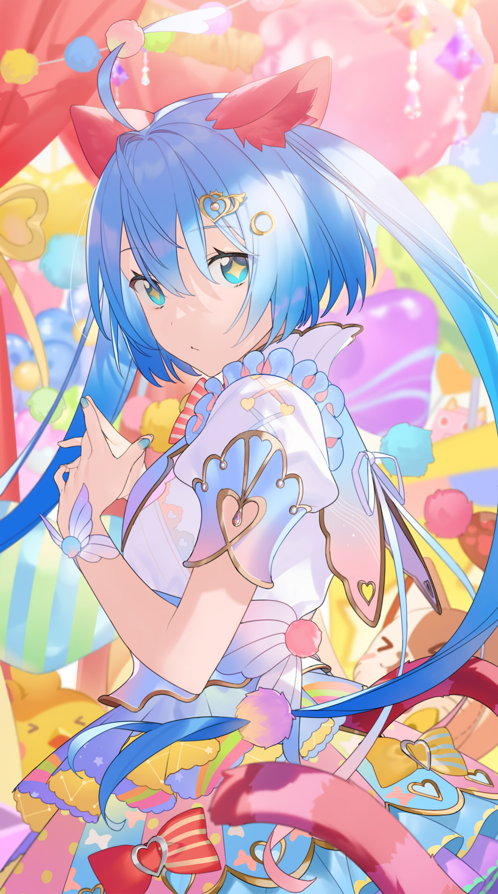 1girl alternate_costume back_bow blue_eyes blue_hair blue_nails blurry blurry_background bow buckle capelet colorful constellation_print crystal curtains dot_nose dress expressionless eyebrows_visible_through_hair fingernails fingers_together frills gem hair_between_eyes hair_ornament hairclip hands_up hatsune_miku heart heart-shaped_hole heart_buckle heart_hair_ornament heart_print heiwa_(murasiho) highres kemonomimi_mode lace lace-trimmed_dress lace_trim layered_dress long_hair looking_at_viewer multicolored multicolored_clothes multicolored_dress polka_dot polka_dot_dress pom_pom_(clothes) puffy_short_sleeves puffy_sleeves red_ribbon ribbon ribbon_print shooting_star short_sleeves sidelighting solo star_(symbol) star_print striped striped_ribbon stuffed_animal stuffed_cat stuffed_chicken stuffed_toy symbol-shaped_pupils twintails two-sided_dress vocaloid white_bow yellow_ribbon
