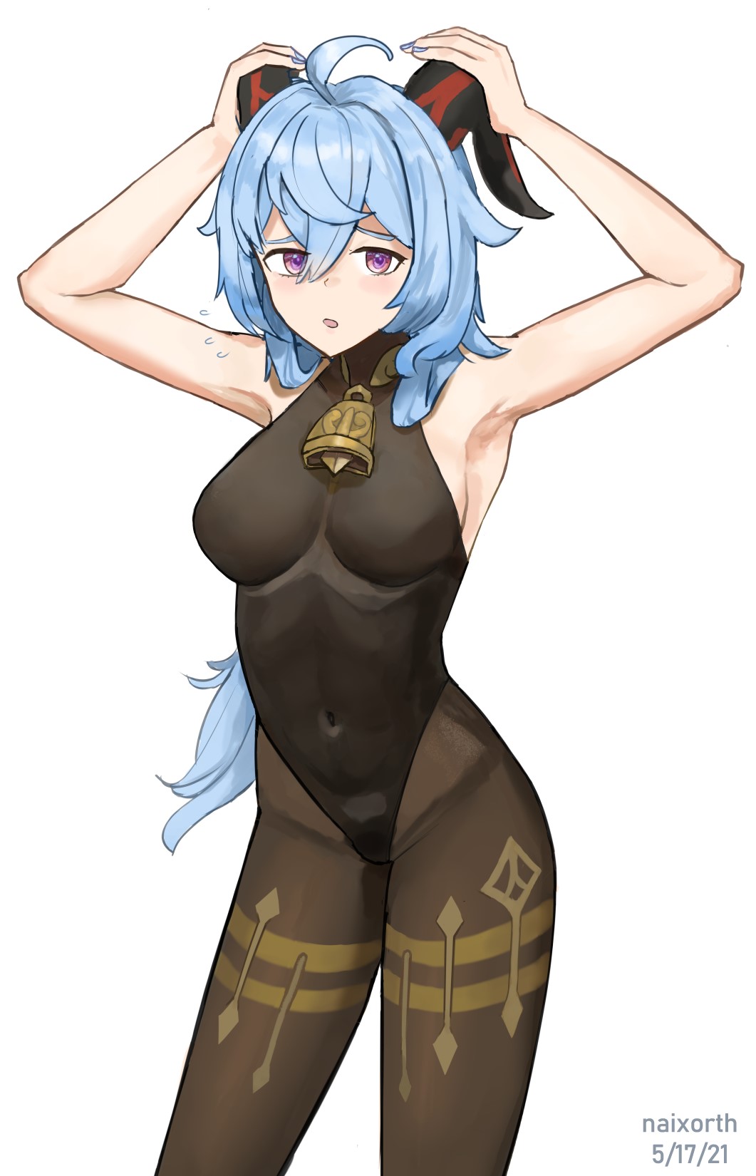 1girl 2021 ahoge armpits arms_up bare_arms bare_shoulders bell black_legwear black_leotard blue_hair blush bodystocking breasts covered_navel cowbell dated ganyu_(genshin_impact) genshin_impact half-closed_eyes hands_on_own_head highres horns leotard medium_breasts naixorth open_mouth simple_background skin_tight sleeveless solo white_background