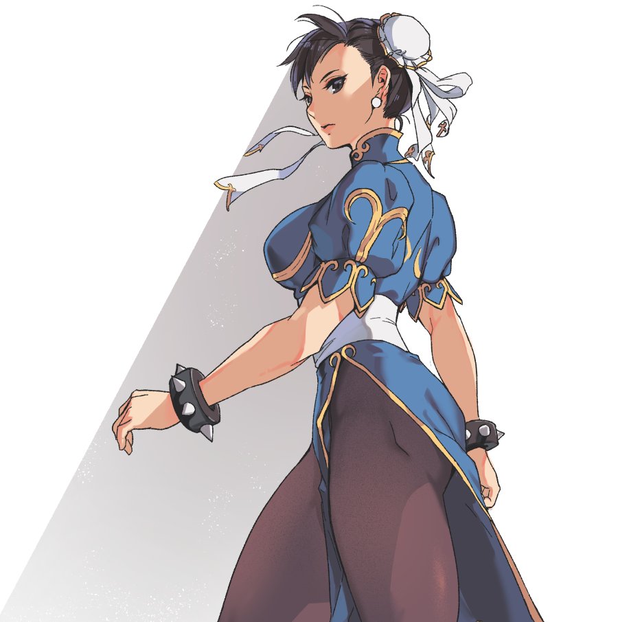 1girl amados bracelet breasts brown_eyes brown_hair bun_cover china_dress chinese_clothes chun-li commentary_request cowboy_shot dress earrings jewelry looking_to_the_side pantyhose pelvic_curtain puffy_short_sleeves puffy_sleeves pursed_lips sash short_hair short_sleeves side_slit solo spiked_bracelet spikes street_fighter thighs tights_day walking white_background