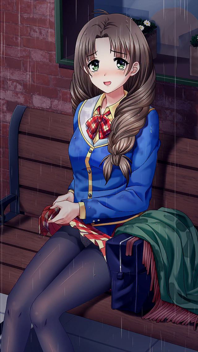 1girl bag bangs bench black_legwear blue_jacket blush braid brown_hair collared_shirt doukyuusei_2 doukyuusei_another_world dress_shirt eyebrows_visible_through_hair game_cg green_eyes hair_intakes jacket long_hair long_sleeves looking_at_viewer miniskirt official_art open_mouth outdoors panties panties_under_pantyhose pantyhose plaid plaid_skirt pleated_skirt rain school_bag school_uniform shiny shiny_clothes shiny_hair shiny_legwear shirt single_braid sitting skirt solo sugimoto_sakurako underwear very_long_hair wet wet_clothes wet_jacket wet_skirt wing_collar yellow_shirt