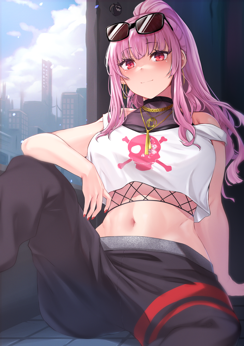 1girl bangs black_pants blush breasts city crop_top eyebrows eyewear_on_head hair_behind_ear highres hololive hololive_english jewelry long_hair medium_breasts midriff moisture_(chichi) mori_calliope navel necklace official_alternate_costume pants pink_hair ponytail shirt sitting skyline smile solo sunglasses sweatpants virtual_youtuber white_shirt