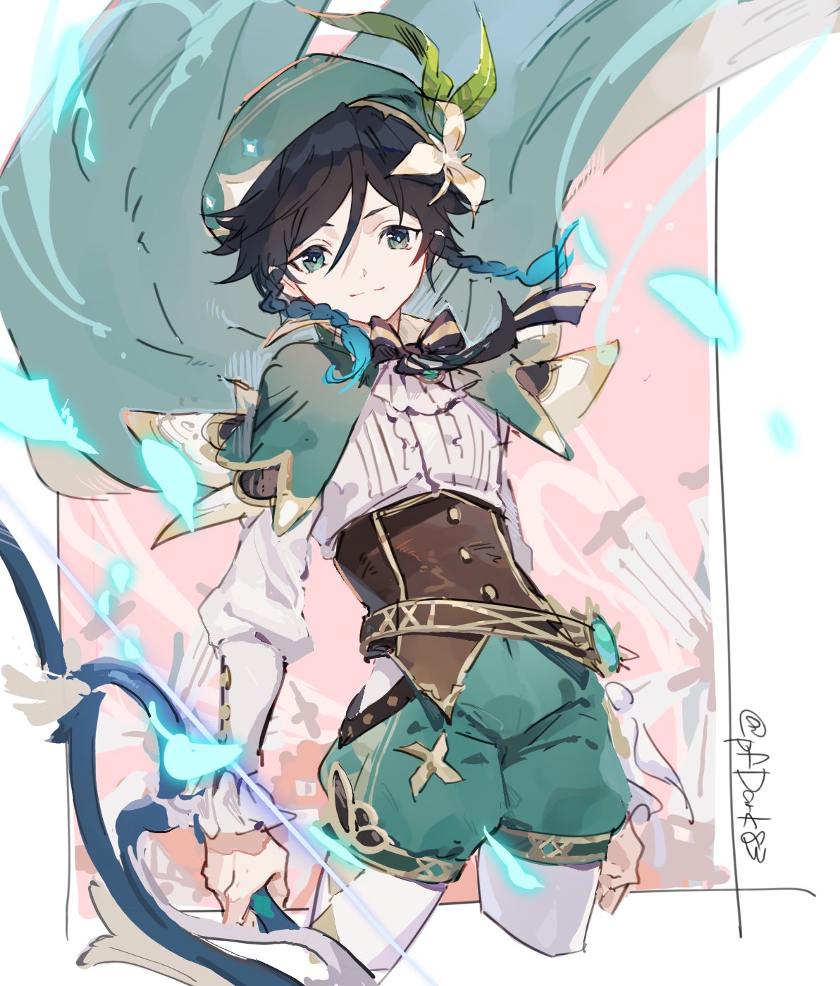 1boy androgynous argyle argyle_legwear bangs beret black_hair blue_hair bow bow_(weapon) braid brooch cape closed_mouth collared_cape commentary_request corset feathers flower frilled_sleeves frills gem genshin_impact gradient_hair green_eyes green_headwear green_shorts hair_flower hair_ornament hat highres holding holding_bow_(weapon) holding_weapon jewelry leaf long_sleeves looking_at_viewer male_focus multicolored_hair pantyhose pinwheel shirt short_hair_with_long_locks shorts smile solo twin_braids type-alpha venti_(genshin_impact) vision_(genshin_impact) weapon white_flower white_legwear white_shirt
