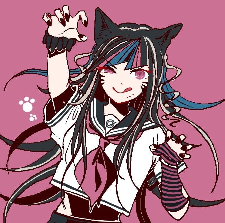 :q animal_ears black_hair black_nails blue_hair cat_ears claw_pose claws dangan_ronpa_(series) dangan_ronpa_2:_goodbye_despair detached_sleeves hair_dye kiri_(2htkz) mioda_ibuki nail nail_polish pink_hair school_uniform slit_pupils source_request tongue tongue_out wavy_hair whisker_markings white_hair