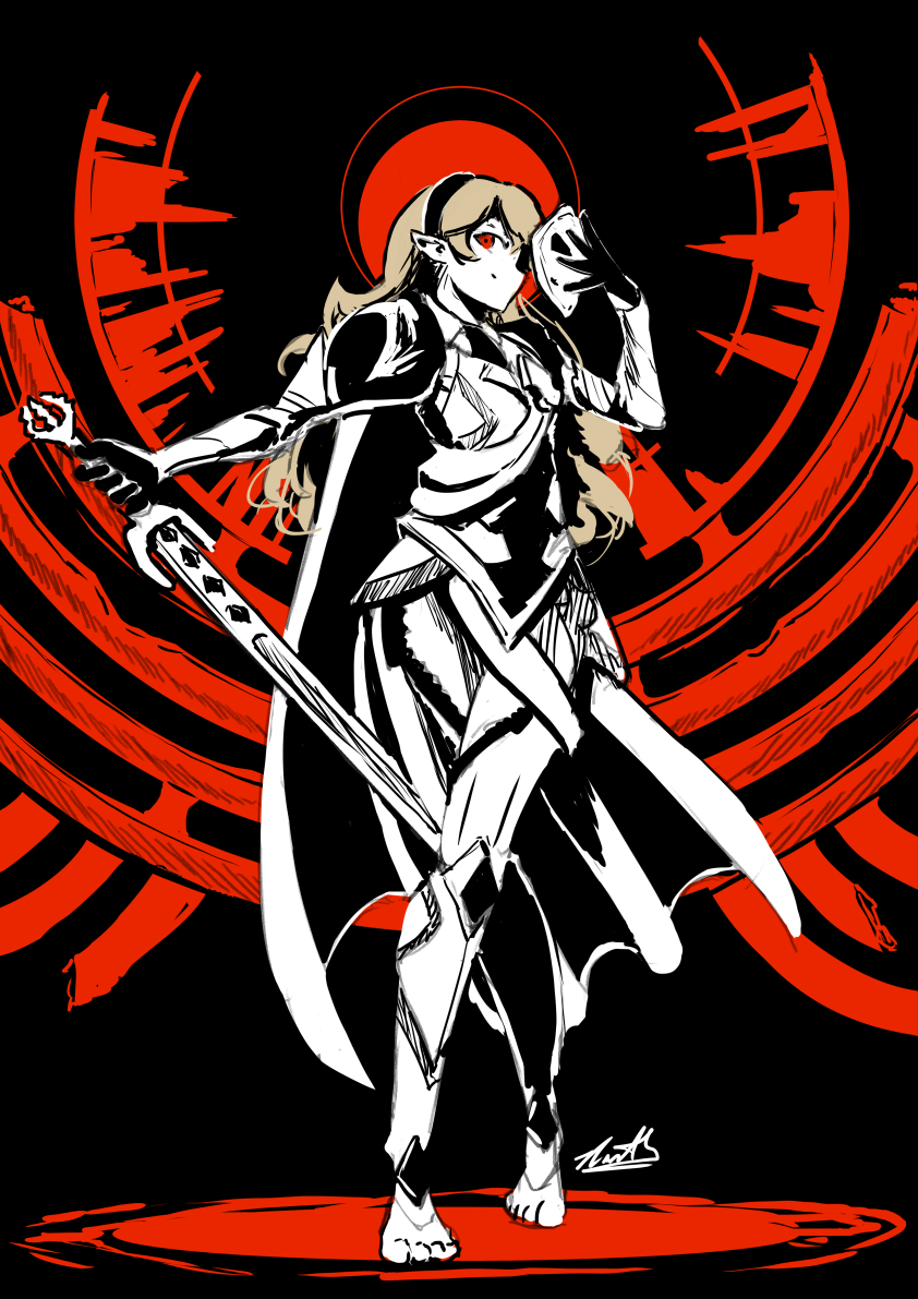 anankos armor automatic_giraffe barefoot black_background cape corrin_(fire_emblem) corrin_(fire_emblem)_(female) corruption dark_persona evil_smile fire_emblem fire_emblem_fates gloves holding holding_mask holding_sword holding_weapon long_hair mask nintendo pointy_ears possessed red_eyes smile standing sword weapon