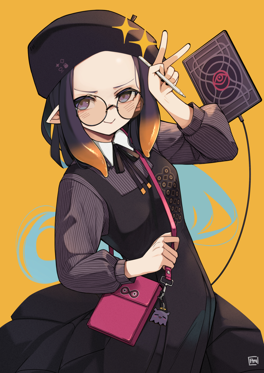 1girl angry_num ao-chan_(ninomae_ina'nis) bag beret black_dress black_headwear collared_shirt dress flat_chest forehead grey_shirt handbag hat highres holding holding_pen hololive hololive_english long_hair ninomae_ina'nis pen pointy_ears purple_hair shirt solo sparkle tablet_pc tako_(ninomae_ina'nis) v v-shaped_eyebrows violet_eyes virtual_youtuber yellow_background