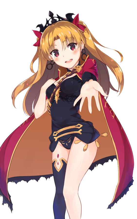 1girl bangs black_hair black_legwear black_leotard blonde_hair cape commentary_request earrings ereshkigal_(fate) eyebrows_visible_through_hair fate/grand_order fate_(series) hair_ribbon hand_on_own_chest jewelry leotard long_hair looking_at_viewer miyazakit open_mouth orange_cape outstretched_arm parted_bangs red_cape red_eyes red_ribbon ribbon simple_background single_thighhigh smile solo standing thigh-highs tiara two-sided_cape two-sided_fabric two_side_up white_background