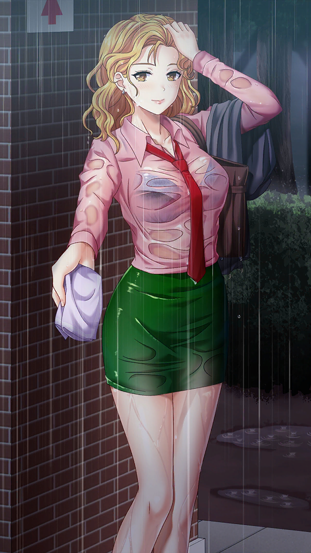 1girl blonde_hair blue_bra bra breasts brick_wall brown_eyes closed_mouth collarbone collared_shirt curly_hair doukyuusei_another_world earrings game_cg green_skirt hand_in_hair handkerchief holding jewelry kakyuusei large_breasts long_hair long_sleeves looking_at_viewer miniskirt necktie official_art outdoors pencil_skirt pink_shirt rain red_neckwear see-through shindou_reiko shiny shiny_hair shirt skirt smile solo standing underwear wet wet_clothes wet_hair wet_shirt wet_skirt wing_collar