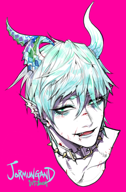 1boy :d asymmetrical_horns belt_collar collar eyeshadow green_eyes green_hair hair_between_eyes head_fins horns looking_at_viewer makeup open_mouth original parted_lips pigeon666 pink_background portrait short_hair simple_background smile solo spiked_collar spikes