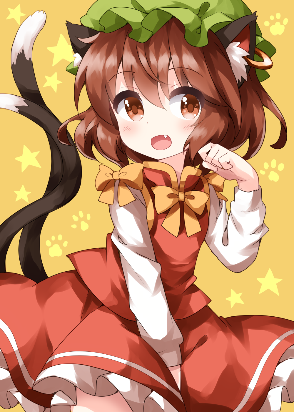 1girl :d animal_ear_fluff animal_ears bow bowtie brown_eyes brown_hair cat_ears cat_tail chen cowboy_shot dress eyebrows_visible_through_hair fang frilled_dress frills green_headwear hand_on_hip hand_up hat highres jewelry looking_at_viewer mob_cap multiple_tails one-hour_drawing_challenge open_mouth paw_print paw_print_background petticoat red_skirt red_vest ribbon ruu_(tksymkw) shirt skirt smile solo standing star_(symbol) tail touhou two_tails upper_body vest yellow_background yellow_bow yellow_eyes yellow_neckwear