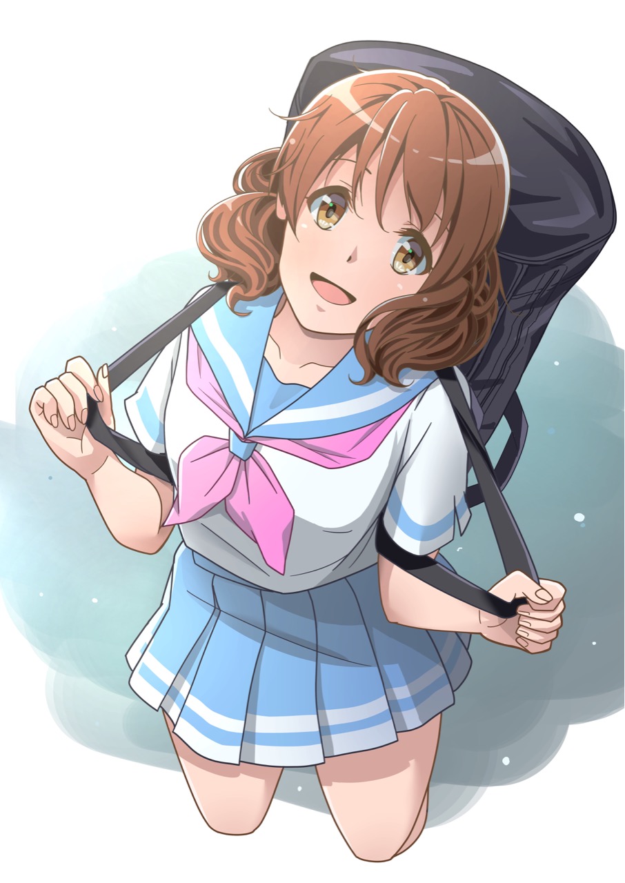 1girl blue_sailor_collar blue_skirt blush brown_eyes brown_hair hibike!_euphonium highres holding instrument_case kitauji_high_school_uniform kneeling looking_at_viewer looking_up matebashi medium_hair neckerchief open_mouth oumae_kumiko pink_neckwear pleated_skirt sailor_collar school_uniform serafuku shirt short_sleeves skirt smile solo white_shirt