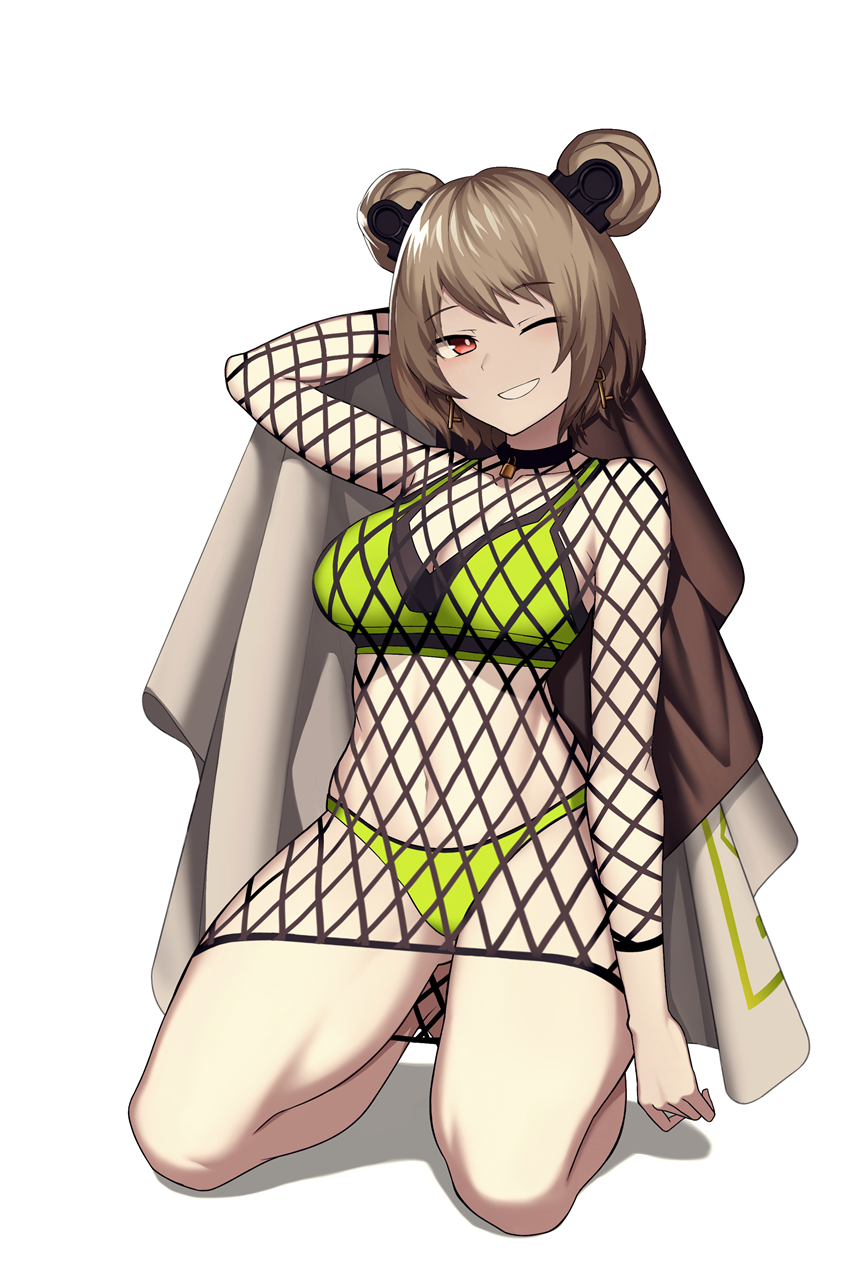 1girl bullpup cero_(last2stage) choker commission double_bun earrings fishnet_dress girls_frontline gun highres jewelry kneeling light_brown_hair navel official_alternate_costume p90 p90_(girls_frontline) pixiv_request red_eyes short_hair submachine_gun underwear weapon