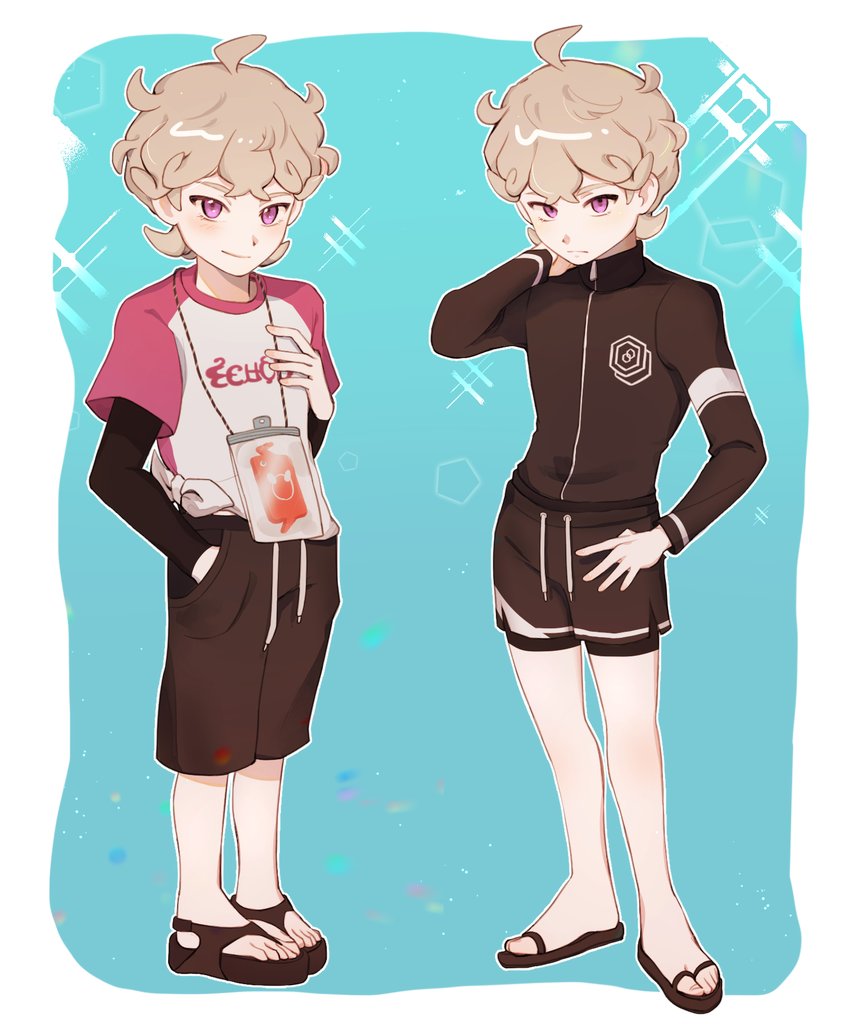 1boy alternate_costume bangs bede_(pokemon) blonde_hair blush brown_shorts closed_mouth fflora hand_in_pocket jacket long_sleeves male_focus pokemon pokemon_(game) pokemon_swsh sandals shiny shiny_hair shirt short_hair short_sleeves shorts smile standing symbol_commentary toes violet_eyes