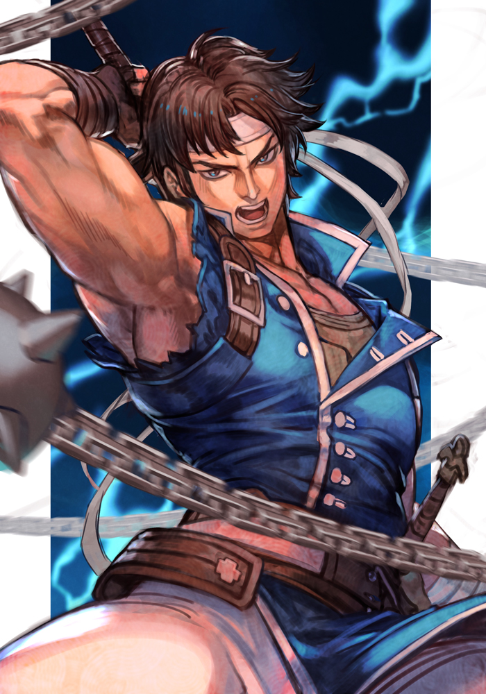 1boy bangs blue_eyes blurry brown_hair castlevania castlevania:_rondo_of_blood depth_of_field hairband hankuri holding holding_weapon lightning looking_at_viewer male_focus muscular muscular_male open_mouth richter_belmont short_hair solo spikes torn_clothes torn_sleeves upper_body v-shaped_eyebrows weapon white_hairband