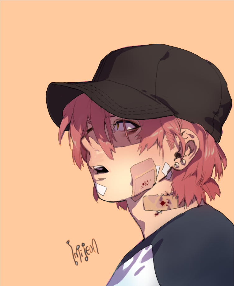 1boy bandaid bandaid_on_cheek bandaid_on_neck baseball_cap black_headwear blood deep_wound from_side hair_between_eyes hat injury male_focus medium_hair open_mouth original parted_lips pigeon666 pink_hair shirt signature simple_background solo yellow_background yellow_eyes