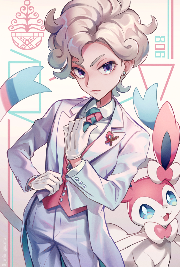 1boy adjusting_neckwear alternate_costume bangs bede_(pokemon) blonde_hair buttons closed_mouth coat collared_shirt commentary_request earrings eyelashes gen_6_pokemon gloves janis_(hainegom) jewelry long_sleeves male_focus necktie number open_clothes open_coat pants pokemon pokemon_(creature) pokemon_(game) pokemon_swsh shirt sylveon vest violet_eyes white_coat white_gloves white_pants white_shirt