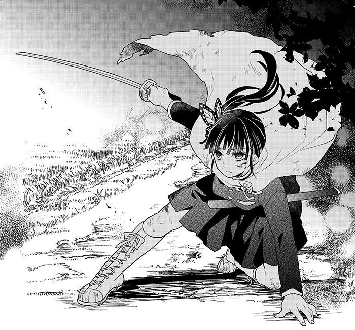 1girl bangs blood blood_on_face boots butterfly_hair_ornament cape commentary cross-laced_footwear fingernails grass hair_ornament holding holding_sword holding_weapon katana kimetsu_no_yaiba long_hair monochrome sheath shirt side_ponytail skirt solo sword torn_clothes tsuyuri_kanao tuduri unsheathed weapon