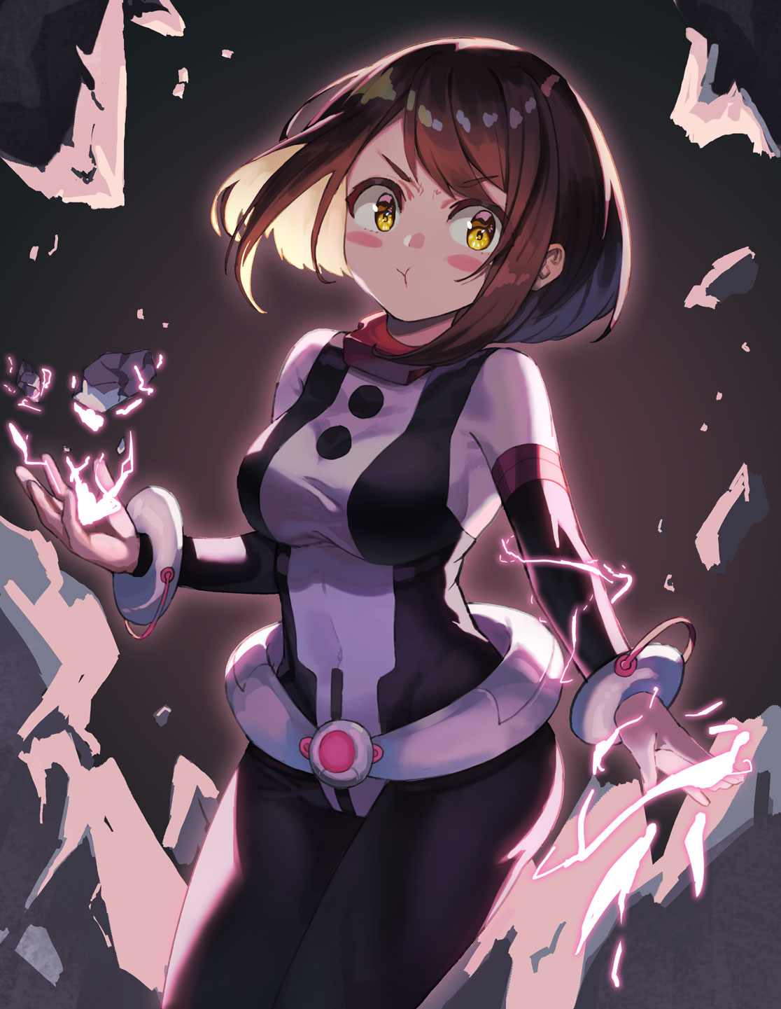 1girl bangs belt blush bodysuit boku_no_hero_academia breasts brown_hair covered_navel cowboy_shot eyebrows_visible_through_hair highres looking_at_viewer pout rock sango_30 short_hair solo superhero uraraka_ochako yellow_eyes