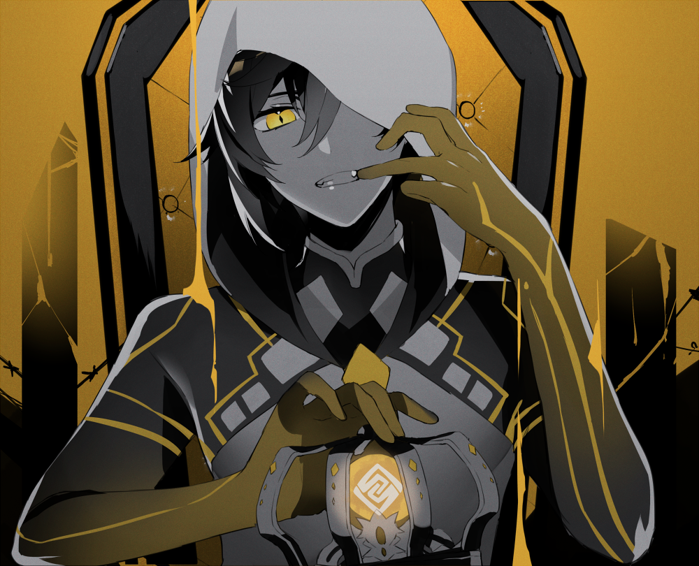 1boy alternate_costume arm_tattoo bangs bare_shoulders clenched_teeth genshin_impact greyscale hair_between_eyes holding_crown hood hood_up hooded_coat king_(vocaloid) kouta_(pixiv14981568) long_hair looking_at_viewer male_focus monochrome mouth_pull one_eye_covered open_mouth partially_colored simple_background sleeveless slit_pupils solo tattoo teeth yellow_eyes zhongli_(genshin_impact)