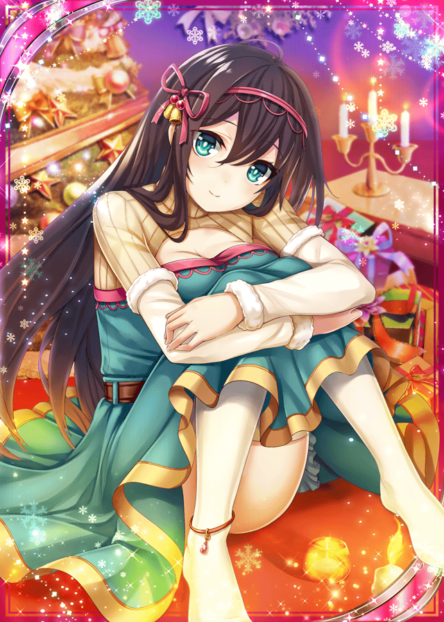 1girl arm_warmers bell blue_eyes box brown_hair candle candlestand christmas christmas_tree collaboration dress gift gift_box green_dress hair_ornament long_hair looking_at_viewer no_shoes official_art ray-akila shinkai_no_valkyrie shinki_kakusei_melty_maiden sitting smile snowflakes table thigh-highs