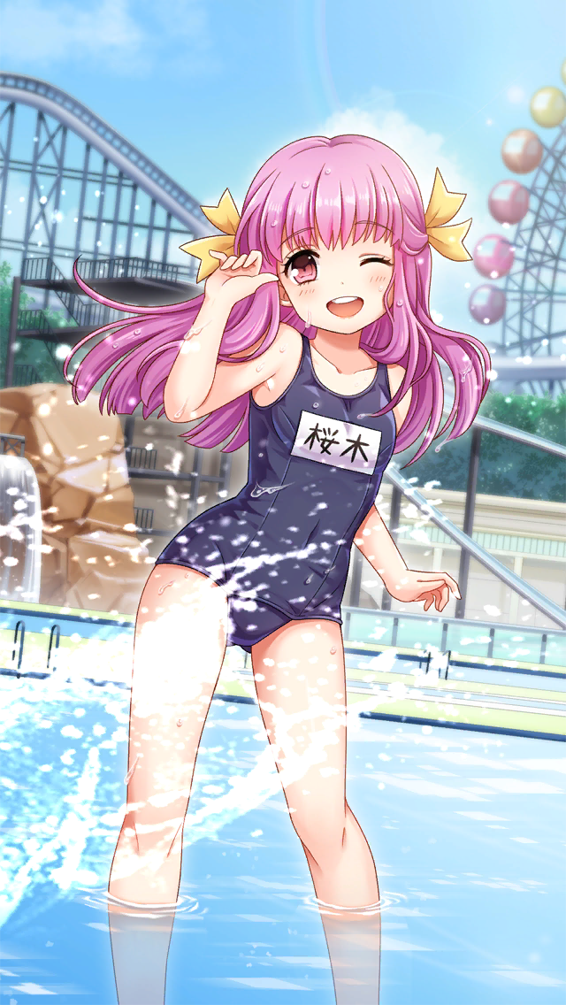 1girl ;d blush character_name collarbone covered_navel doukyuusei doukyuusei_another_world dutch_angle eyebrows_visible_through_hair floating_hair game_cg hair_ribbon head_tilt long_hair looking_at_viewer name_tag official_art one_eye_closed open_mouth outdoors pink_hair pool red_eyes ribbon sakuragi_mai school_swimsuit shiny shiny_hair smile solo standing swimsuit wading wet wet_hair yellow_ribbon younger
