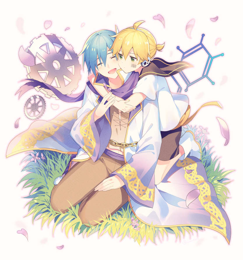 2boys aqua_eyes arms_around_neck barcode_tattoo black_collar black_shorts blonde_hair blue_hair boots brown_pants brown_shirt chain cherry_blossoms closed_eyes coat collar commentary facial_tattoo falling_petals gears gold_trim grass headphones hug hug_from_behind kagamine_len kaito multiple_boys open_mouth pants petals project_diva_(series) purple_scarf sailor_collar scarf seiza shirt short_ponytail short_sleeves shorts sinaooo sitting smile spiky_hair strange_dark_(module) tattoo violet_(module) white_coat white_footwear white_shirt