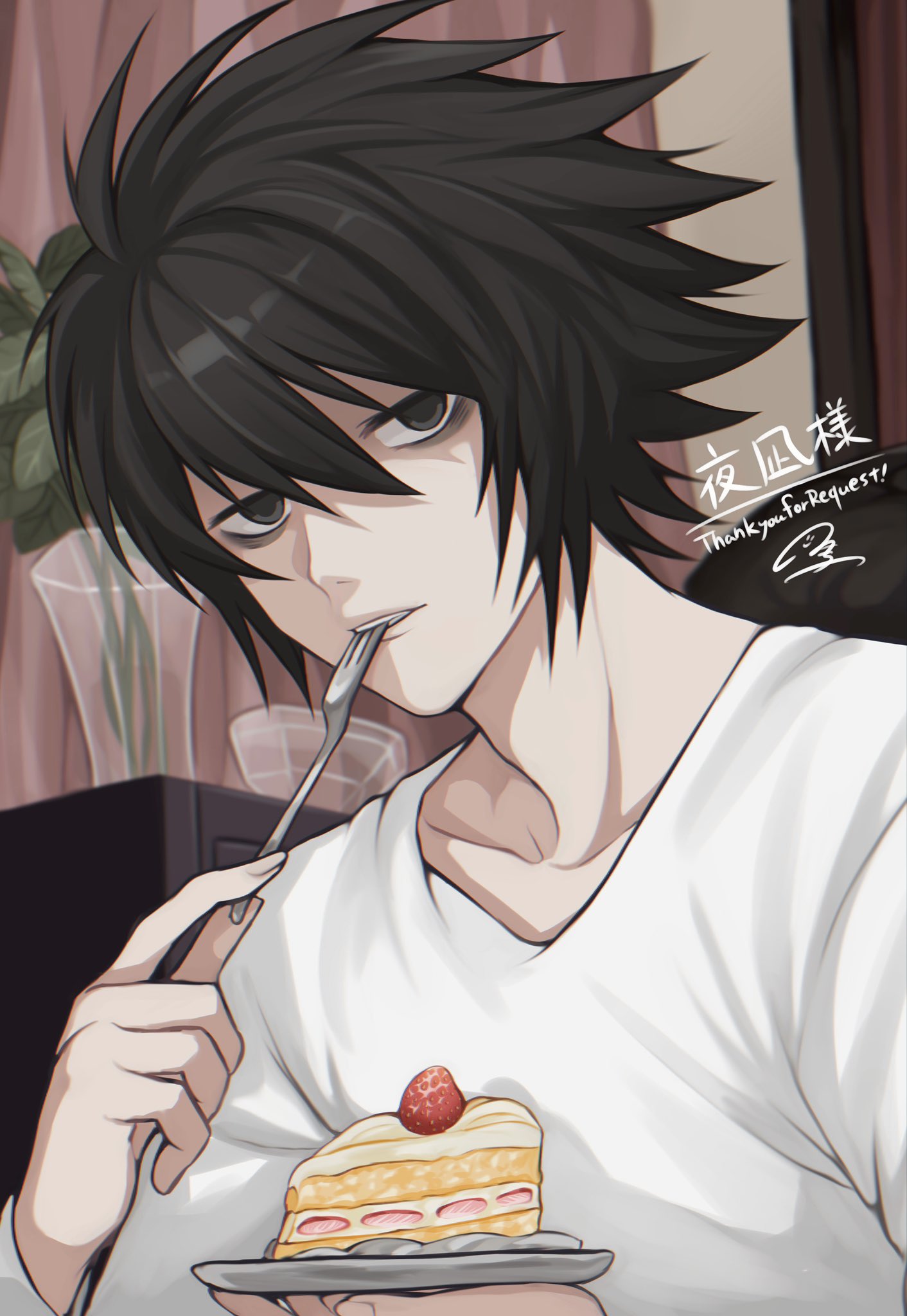 1boy bangs black_eyes black_hair commentary_request death_note food fork hair_between_eyes hand_up highres holding holding_fork indoors l_(death_note) looking_at_viewer male_focus shimizu_akina shirt short_hair strawberry_shortcake upper_body white_shirt