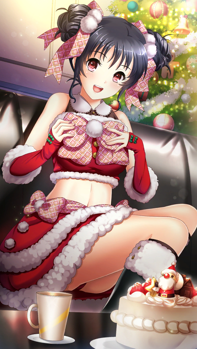 1girl :d bangs black_footwear black_hair boots bow cake christmas christmas_tree crop_top detached_sleeves double_bun doukyuusei_2 doukyuusei_another_world food frilled_sleeves frills from_below fur-trimmed_boots fur-trimmed_skirt fur-trimmed_sleeves fur_trim game_cg hair_bobbles hair_ornament hair_ribbon holding layered_skirt long_sleeves looking_at_viewer medium_hair midriff miniskirt narusawa_yui official_art open_mouth panties pantyshot pink_bow pink_ribbon print_bow print_ribbon red_eyes red_panties red_skirt ribbon shiny shiny_hair sidelocks sitting skirt sleeves_past_wrists smile solo stomach underwear