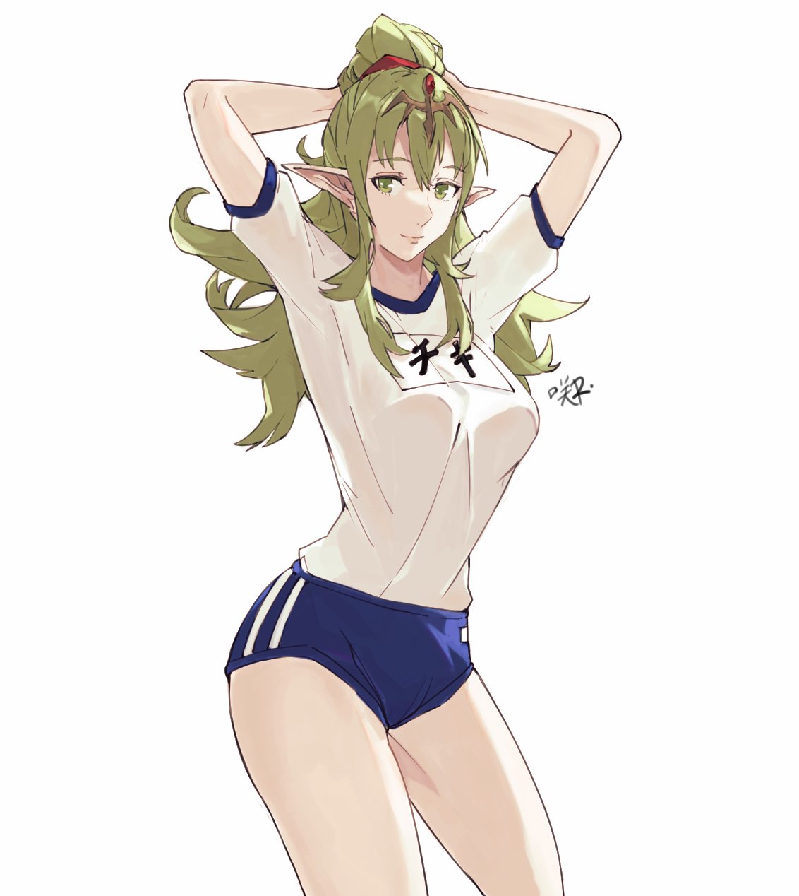 1girl adjusting_hair alternate_costume arms_behind_head arms_up bangs blue_buruma breasts buruma closed_mouth commentary english_commentary eyebrows_visible_through_hair fire_emblem fire_emblem_awakening green_eyes green_hair gym_uniform hair_between_eyes hair_ornament hair_ribbon hand_in_hair highres jewelry large_breasts lips long_hair looking_at_viewer manakete pointy_ears ponytail red_ribbon ribbon sakuremi shirt short_sleeves sidelocks signature simple_background smile solo thighs tiki_(fire_emblem) tying_hair white_background white_shirt