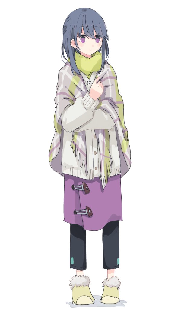 1girl bangs black_pants blue_hair checkered_clothing closed_mouth commentary_request eyebrows_visible_through_hair eyes_visible_through_hair full_body hair_down holding_own_arm long_hair looking_away no_socks pants poncho pullover purple_skirt shima_rin shiroshi_(denpa_eshidan) shoes simple_background skirt solo standing white_background yurucamp