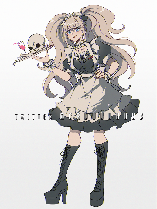 1girl alternate_costume apron bangs bear_hair_ornament black_dress black_ribbon blonde_hair blood blue_eyes boots collar criis-chan cross-laced_footwear cup dangan_ronpa:_trigger_happy_havoc dangan_ronpa_(series) dress drinking_glass english_commentary enoshima_junko frilled_collar frills full_body hair_ornament high_heel_boots high_heels holding knee_boots kneehighs lace-up_boots long_hair maid maid_headdress pink_blood puffy_short_sleeves puffy_sleeves ribbon shiny shiny_hair short_sleeves skull smile solo standing twintails twitter_username waist_apron wine_glass