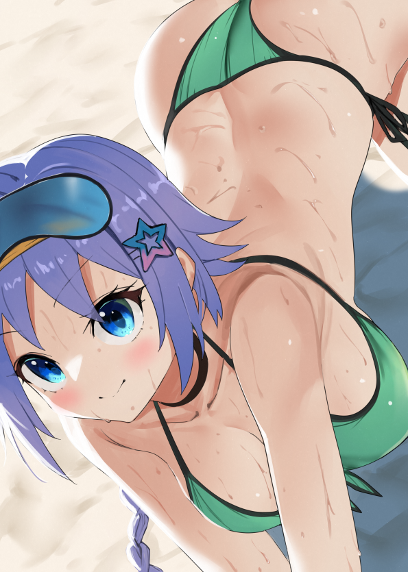 azur_lane bikini blue_eyes bow breasts green_bikini hair_bow hair_ornament large_breasts long_hair looking_at_viewer navel nicoloso_da_recco_(azur_lane) nicoloso_da_recco_(to_a_smashing_voyage!)_(azur_lane) official_alternate_costume ootani_nonno outdoors purple_hair skindentation smile solo star_(symbol) sweat swimsuit thigh_strap