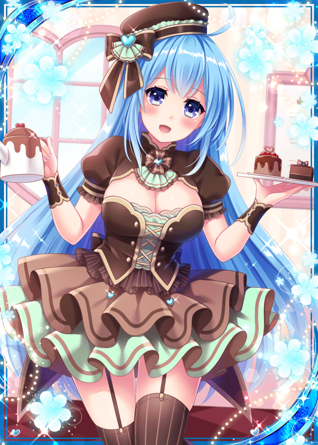 1girl :d blue_eyes blue_hair blue_heart breasts brown_dress brown_ribbon cake collaboration dress falkyrie_no_monshou flower food frilled_skirt frills hat heart holding holding_plate holding_teapot indoors looking_at_viewer medium_breasts official_art open_mouth plate ribbed_hat ribbon shinkai_no_valkyrie skirt smile stardrop striped striped_legwear teapot thigh-highs valentine window