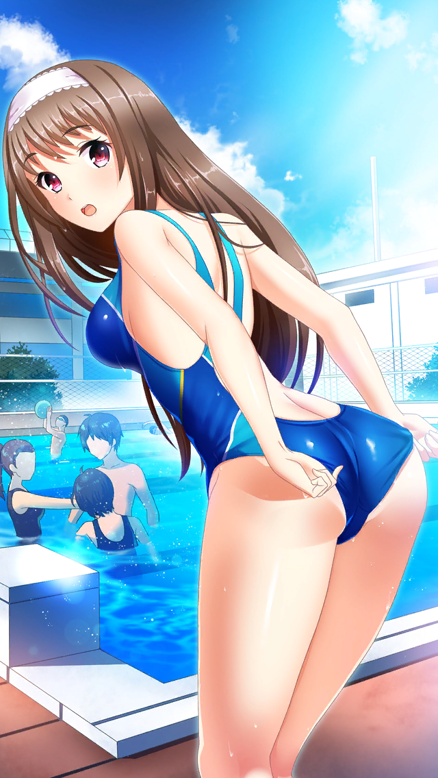 1girl adjusting_clothes adjusting_swimsuit ass bangs blue_swimsuit breasts brown_hair competition_swimsuit day doukyuusei_another_world eyebrows_visible_through_hair game_cg hair_between_eyes hairband kakyuusei leaning_forward long_hair looking_at_viewer medium_breasts official_art one-piece_swimsuit open_mouth outdoors pool red_eyes school_swimsuit shiny shiny_hair sideboob solo_focus standing swimsuit very_long_hair white_hairband yuuki_mizuho