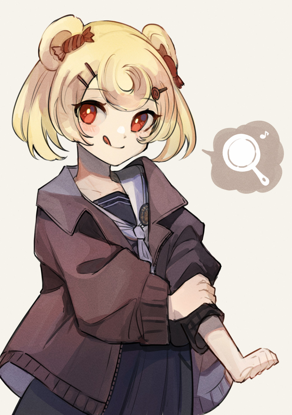 1girl :p animal_ears arknights bear_ears blonde_hair blue_dress blush brown_jacket candy_hair_ornament dress eighth_note food_themed_hair_ornament gummy_(arknights) hair_ornament hairclip highres jacket looking_at_viewer musical_note one-hour_drawing_challenge open_clothes open_jacket red_eyes sailor_collar sailor_dress shimasato short_hair simple_background solo spoken_frying_pan tongue tongue_out upper_body white_background white_sailor_collar