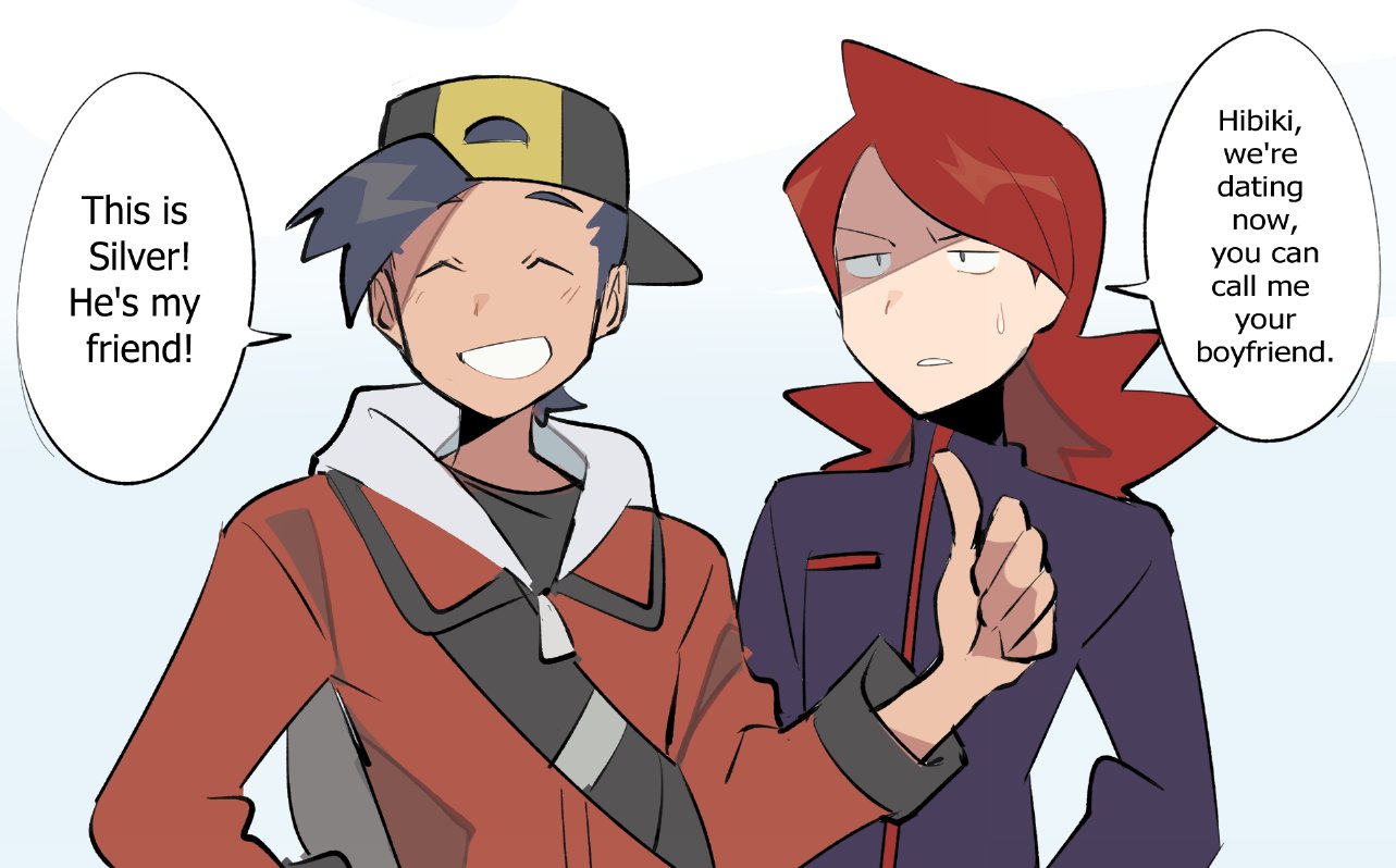 2boys backwards_hat bangs baseball_cap black_hair closed_eyes commentary couple english_text ethan_(pokemon) grin hat jacket long_hair looking_at_another male_focus multiple_boys parted_lips pokemon pokemon_(game) pokemon_hgss redhead saturday_(hokawazu) scene_reference silver_(pokemon) simple_background smile speech_bubble sweatdrop swept_bangs thumbs_up turtleneck upper_body zipper_pull_tab