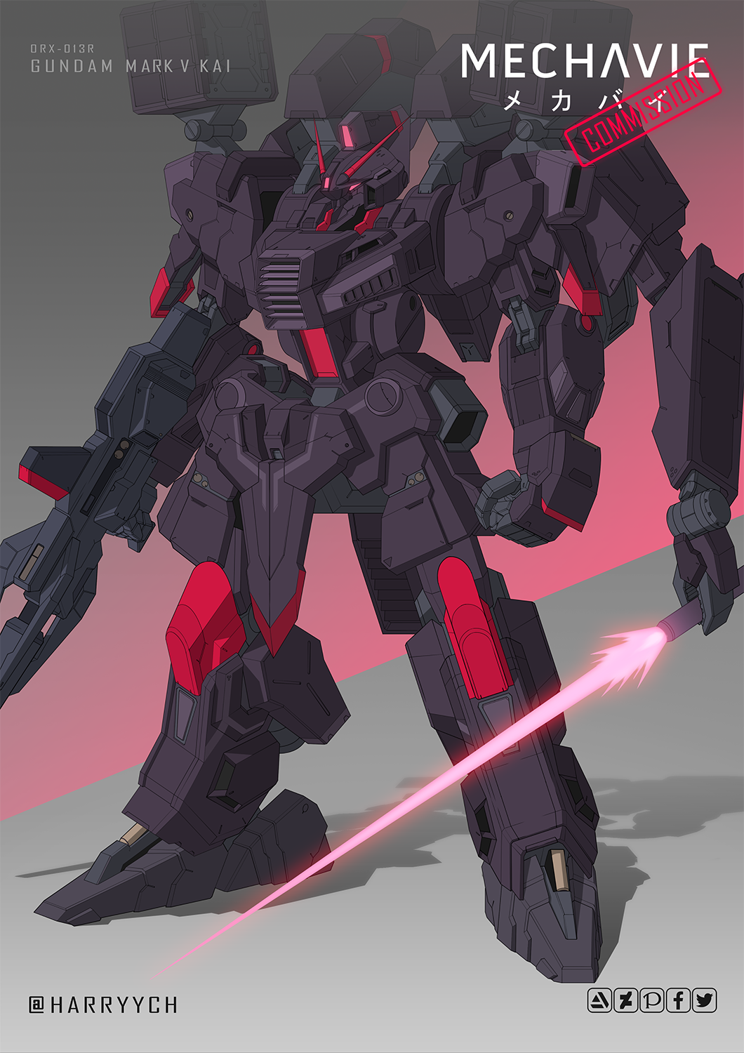 artist_name beam_saber character_name clenched_hand commission deviantart_logo english_commentary facebook_logo glowing glowing_eye gun gundam gundam_mk_v gundam_sentinel harryych highres holding holding_gun holding_shield holding_sword holding_weapon mecha mobile_suit no_humans pink_eyes pixiv_logo redesign science_fiction shield solo standing sword twitter_logo v-fin weapon