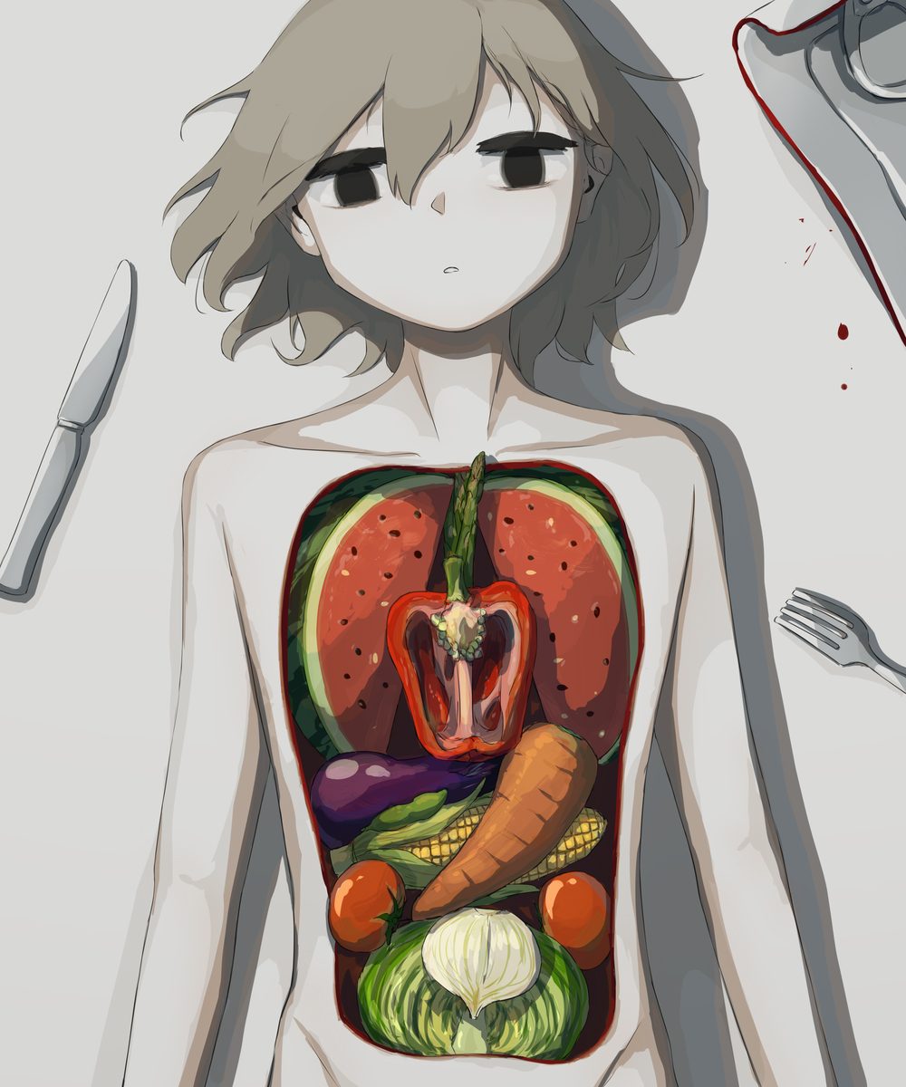 1boy arms_at_sides asparagus avogado6 beans bell_pepper black_eyes blood cabbage carrot collarbone commentary corn eggplant empty_eyes english_commentary food fork fruit grey_hair groin hair_between_eyes hair_spread_out highres hole_in_chest hole_on_body knife looking_at_viewer lying male_focus no_pupils nude on_back onion original out-of-frame_censoring pale_skin parted_lips pepper shadow solo tomato watermelon watermelon_slice