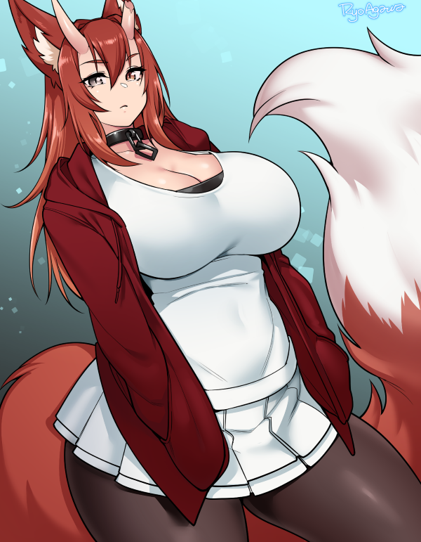 1girl agawa_ryou animal_ears blue_background breasts brown_eyes brown_hair collar commission fox_ears fox_tail gradient gradient_background hands_in_pockets heterochromia horns large_breasts looking_at_viewer original pantyhose signature skirt solo tail thick_thighs thighs