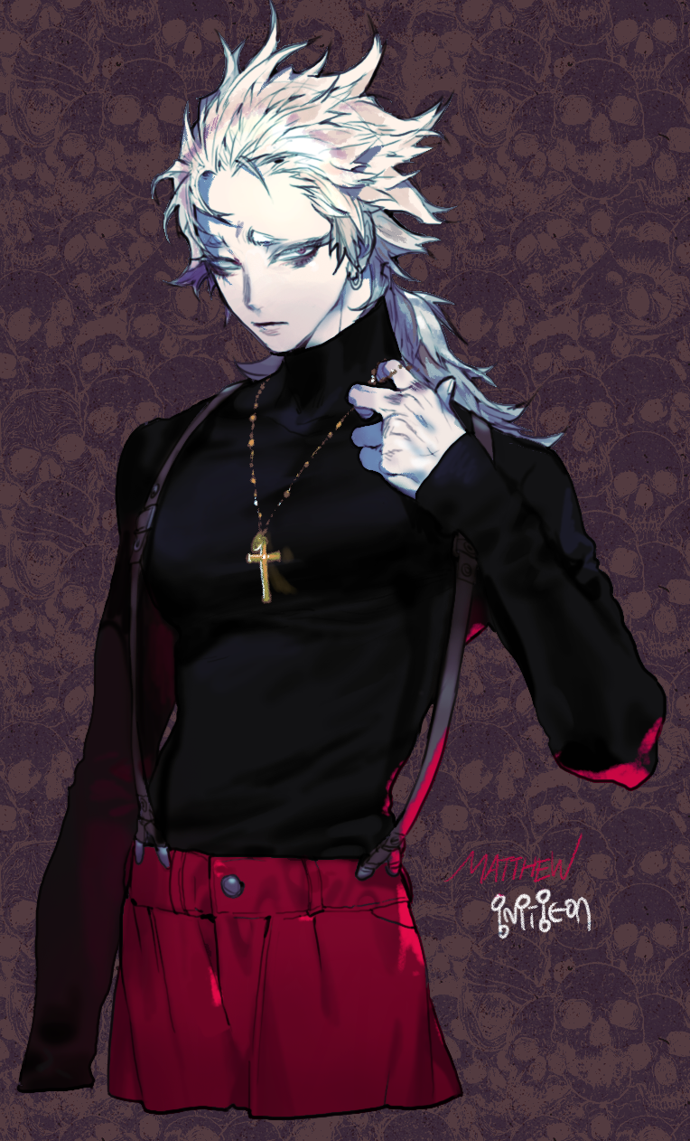 1boy black_shirt character_name colored_skin cross cross_necklace earrings hand_up highres jewelry latin_cross long_hair long_sleeves looking_at_viewer male_focus matthew_(pigeon666) necklace original pants parted_lips pigeon666 ponytail red_eyes red_pants sanpaku shirt signature solo suspenders white_hair white_skin