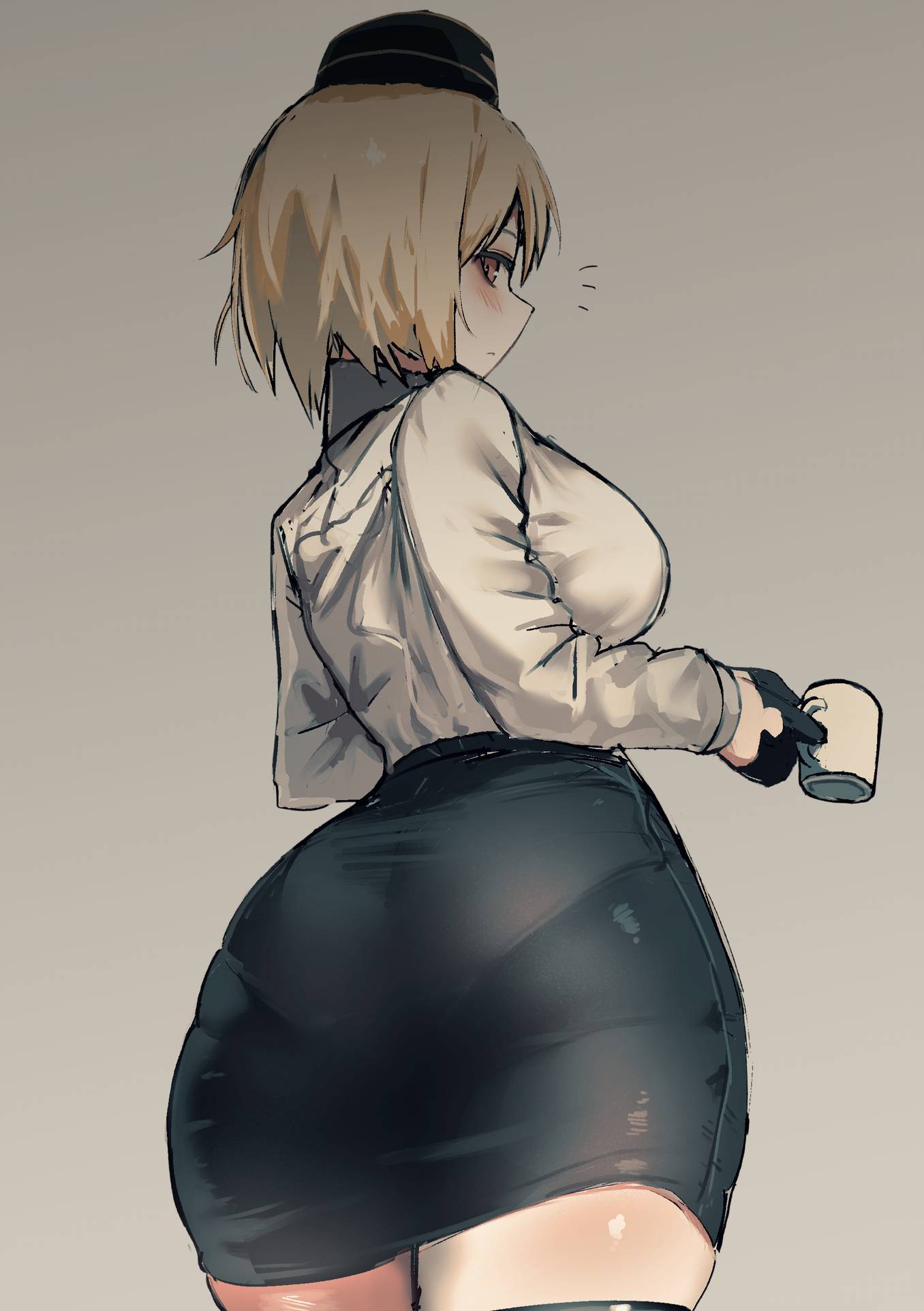 1girl akitaka_takaaki ass black_skirt blonde_hair breasts coffee_mug cup from_behind garrison_cap girls_frontline grey_background hat highres large_breasts looking_at_viewer looking_back mp40_(girls_frontline) mug pantylines short_hair simple_background skirt solo