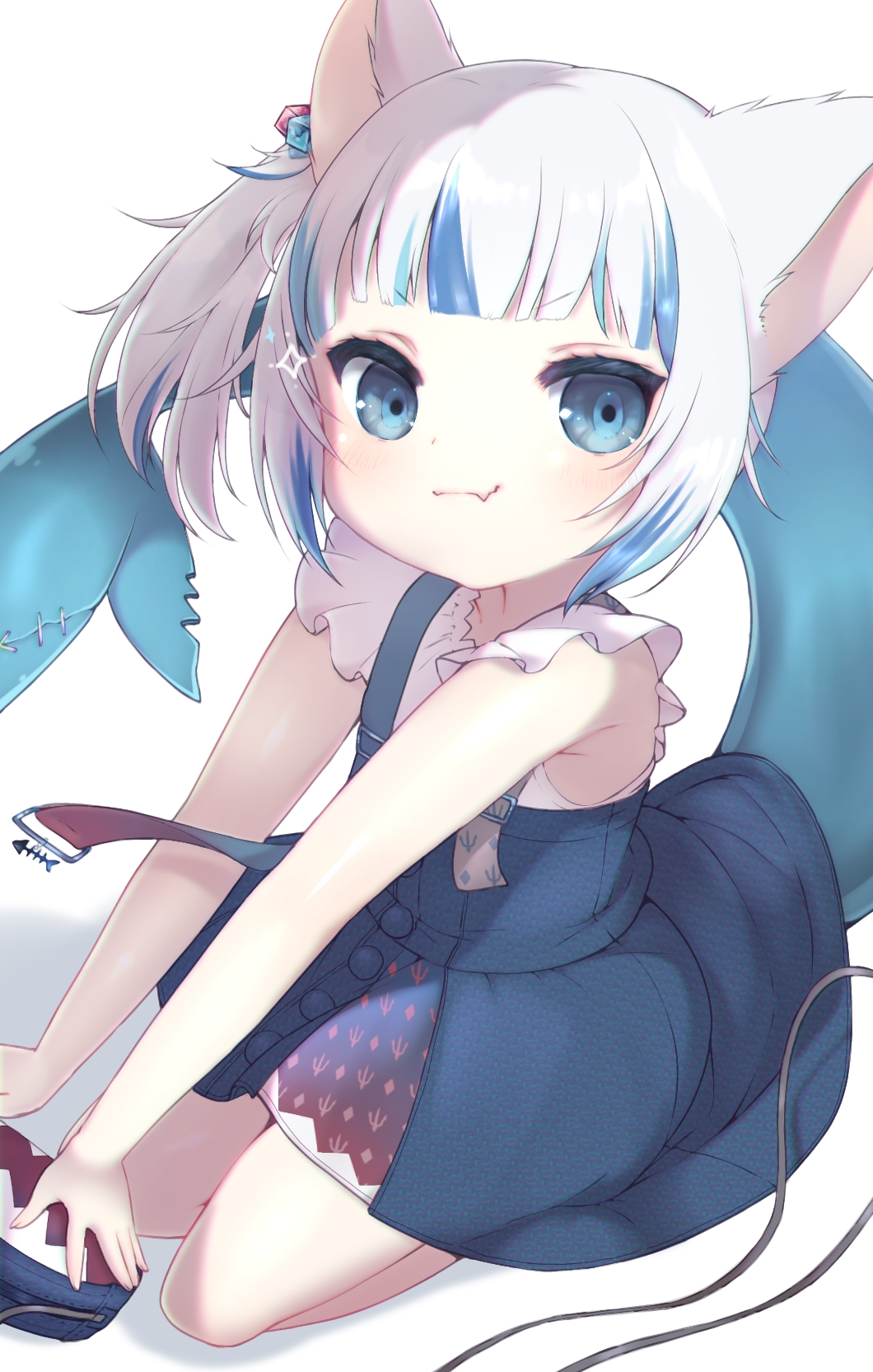 1girl animal_ears bag blue_eyes blue_hair cat_ears child commentary fang fang_out fish_tail gawr_gura highres hololive hololive_english kneeling light_blue_hair looking_at_viewer multicolored_hair one_side_up ro_(igris-geo) shark shark_tail skin_fang solo streaked_hair tail virtual_youtuber white_background white_hair younger