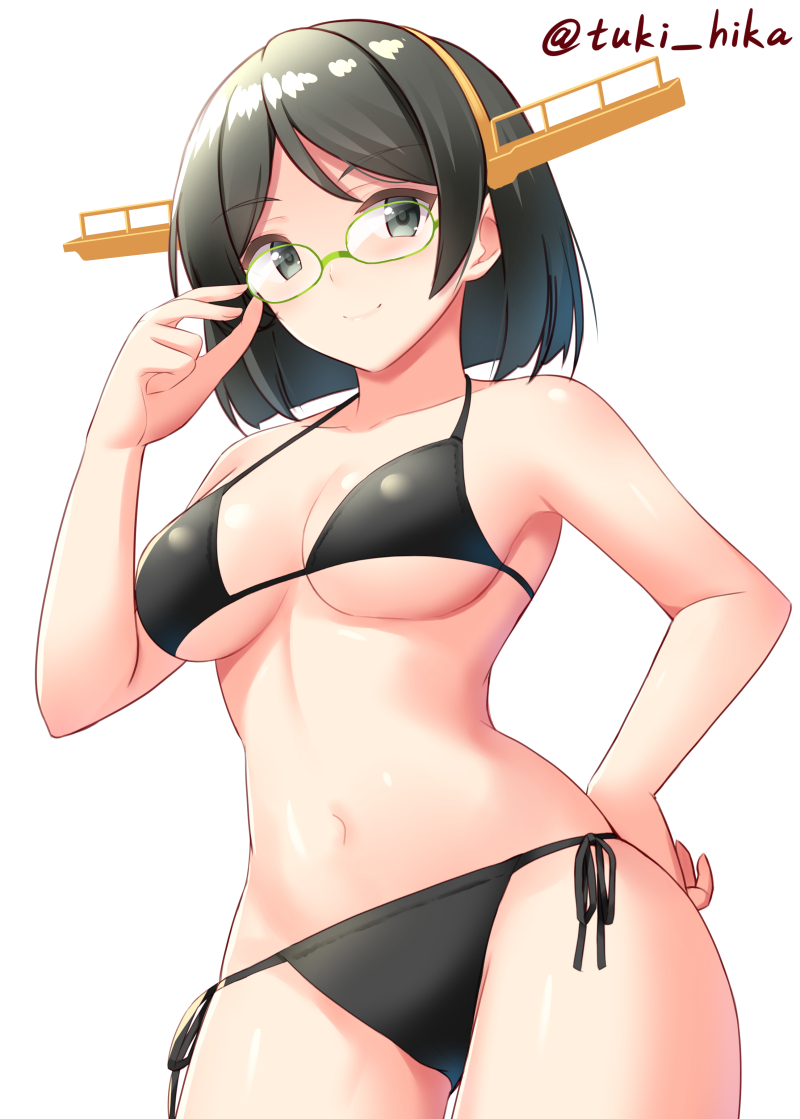 1girl ass_visible_through_thighs bangs bare_arms bare_shoulders bikini black_hair black_ribbon blush breasts closed_mouth collarbone commentary_request glasses green-framed_eyewear green_eyes hand_on_eyewear hand_on_hip hand_up headgear kantai_collection kirishima_(kancolle) looking_at_viewer medium_breasts navel parted_bangs ribbon short_hair side-tie_bikini skindentation smile solo stomach swimsuit tokyo_yamane twitter_username under_boob