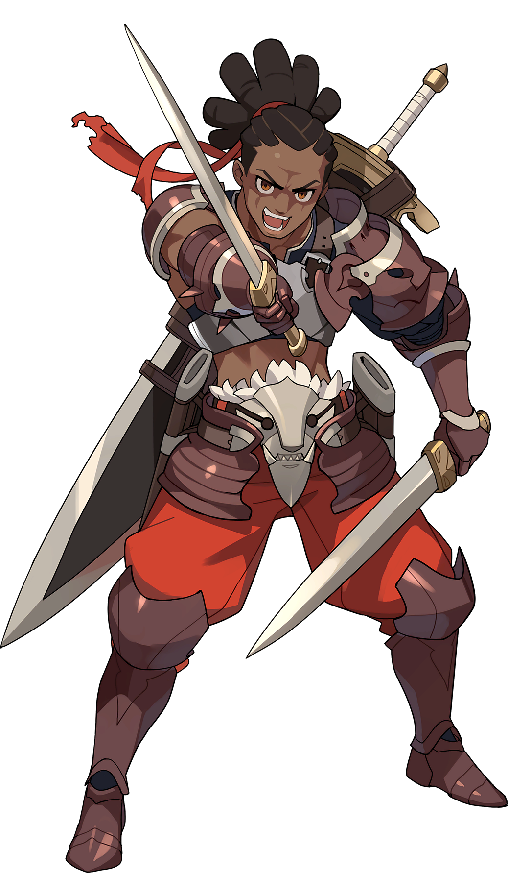 1boy arm_up armor armored_boots artist_request belt boots breastplate brown_eyes brown_footwear dark-skinned_male dark_skin dual_wielding faulds forehead full_body gauntlets gilslad_(world_flipper) hair_ribbon hairlocs happy highres holding holding_sword holding_weapon huge_weapon looking_at_viewer male_focus midriff non-web_source official_art open_mouth outstretched_arm pants red_pants red_ribbon ribbon sheath shiny shiny_clothes short_hair shoulder_armor smile solo spikes standing sword teeth tied_hair transparent_background v-shaped_eyebrows weapon weapon_on_back world_flipper