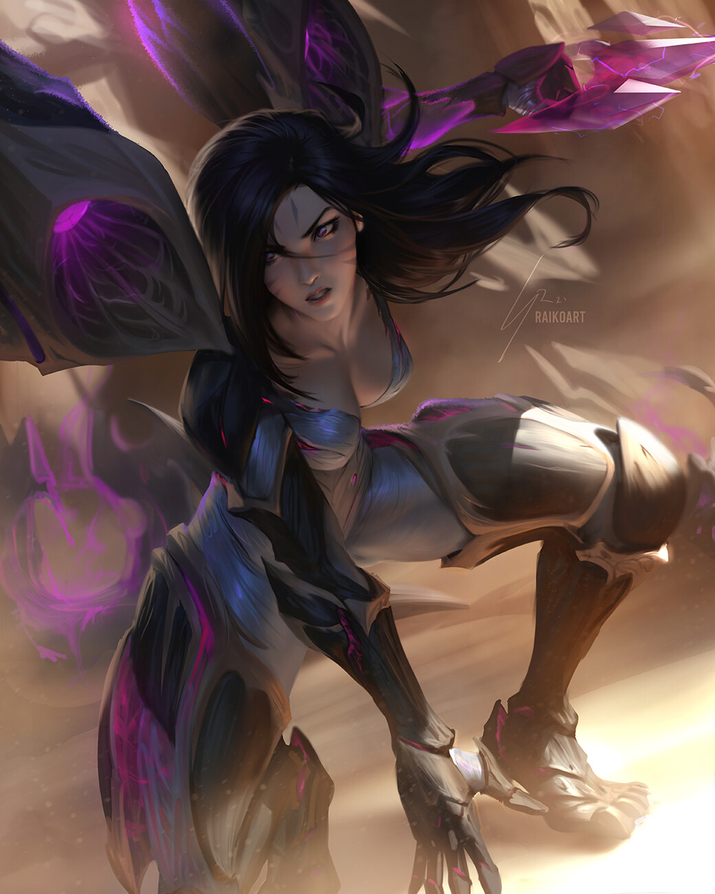 1girl black_hair blurry blurry_background boots breasts clenched_hand clenched_teeth dutch_angle facial_mark highres kai'sa league_of_legends long_hair medium_breasts plunging_neckline raikoart skin_tight solo squatting teeth thigh-highs thigh_boots violet_eyes whisker_markings