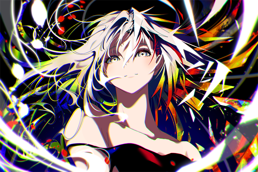 1girl abstract_background bare_shoulders berryverrine blush chromatic_aberration grey_eyes hair_between_eyes looking_at_viewer original shadow smile solo