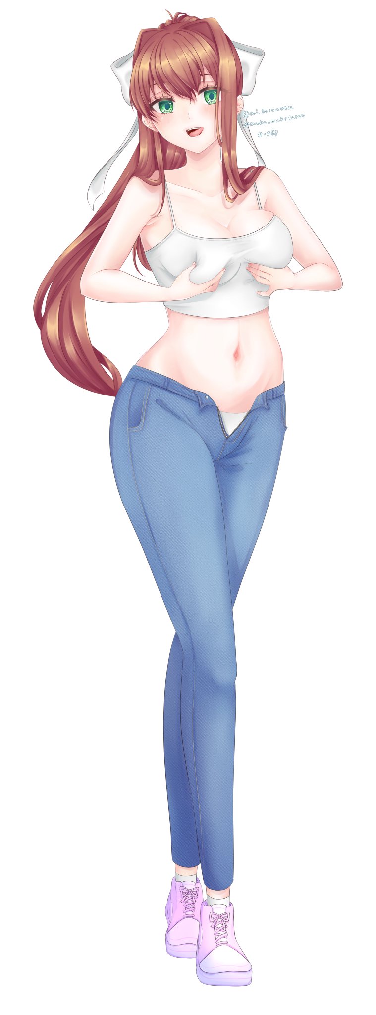 1girl breast_grab breast_hold breast_squeeze breasts brown_hair casual commission denim doki_doki_literature_club grabbing green_eyes groping hand_on_breast highres jeans medium_breasts mi_tarou0412 monika_(doki_doki_literature_club) navel no_bra open_fly panties pants ponytail ribbon shirt shoes smile solo solo_focus squeezing tank_top unbuttoned underwear white_panties white_ribbon white_shirt